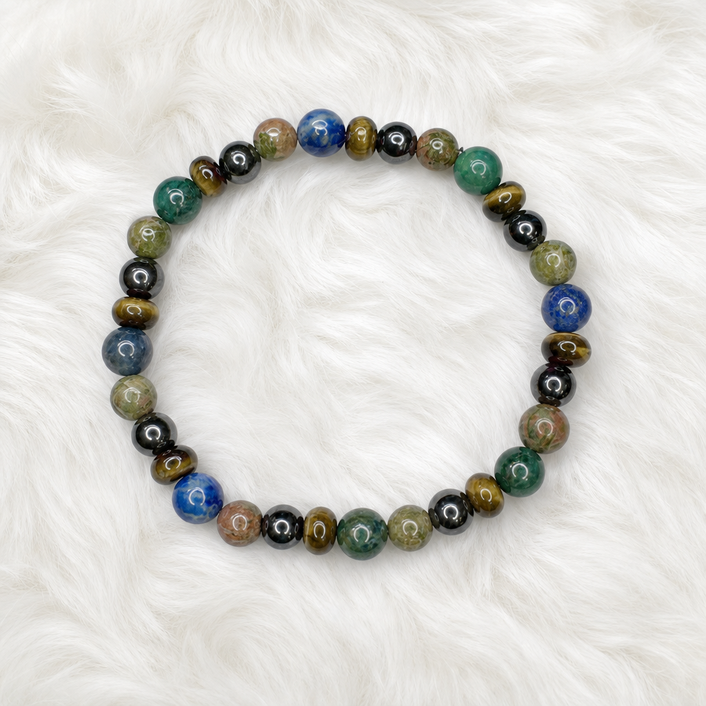 Tiger’s Eye, Azurite, Hematite, Unakite Stretch Bracelet • Confidence & Intuition Crystal Jewelry