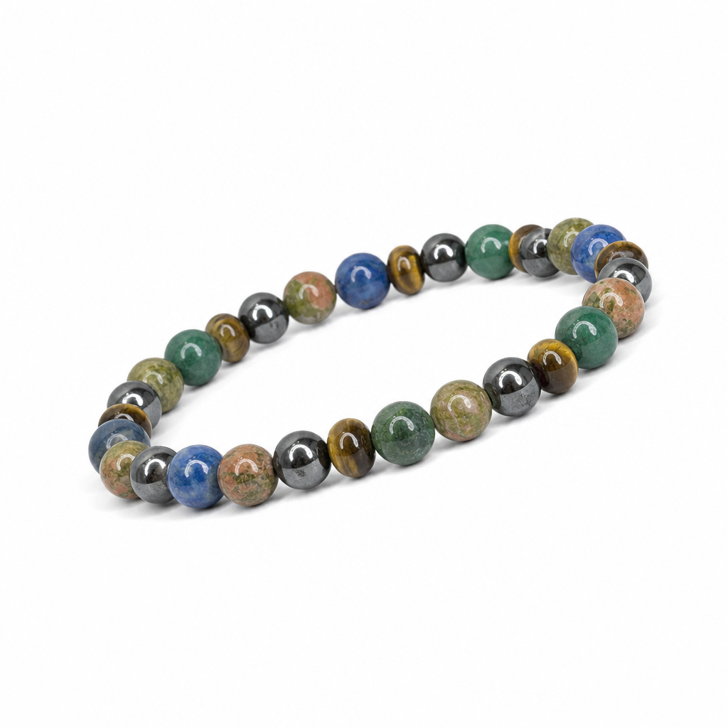 Tiger’s Eye, Azurite, Hematite, Unakite Stretch Bracelet • Confidence & Intuition Crystal Jewelry