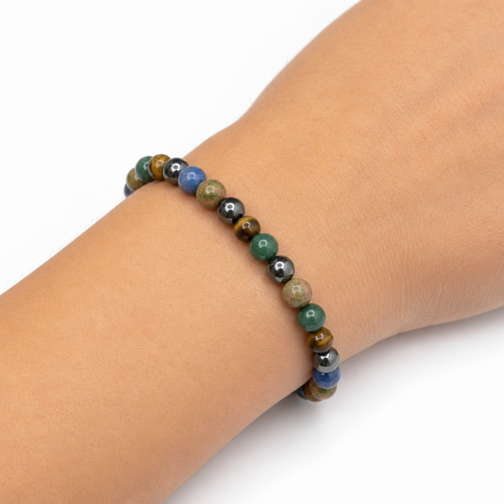 Tiger’s Eye, Azurite, Hematite, Unakite Stretch Bracelet • Confidence & Intuition Crystal Jewelry