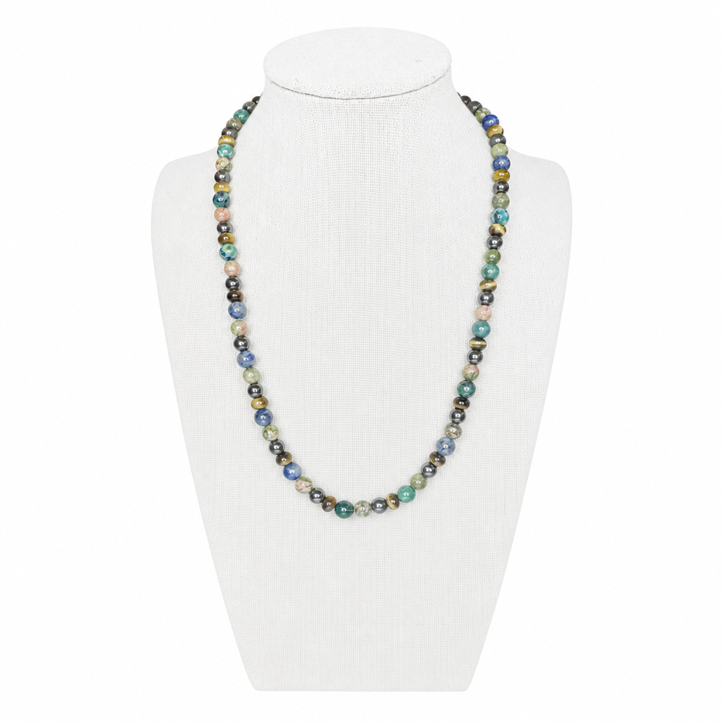 Tiger’s Eye, Azurite, Hematite, Unakite Stretch Necklace • Confidence & Intuition Crystal Jewelry