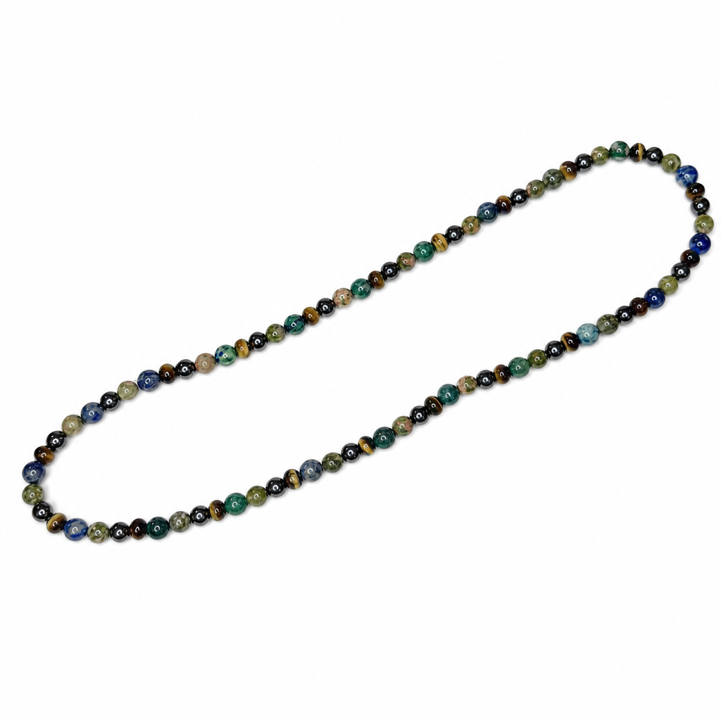 Tiger’s Eye, Azurite, Hematite, Unakite Stretch Necklace • Confidence & Intuition Crystal Jewelry