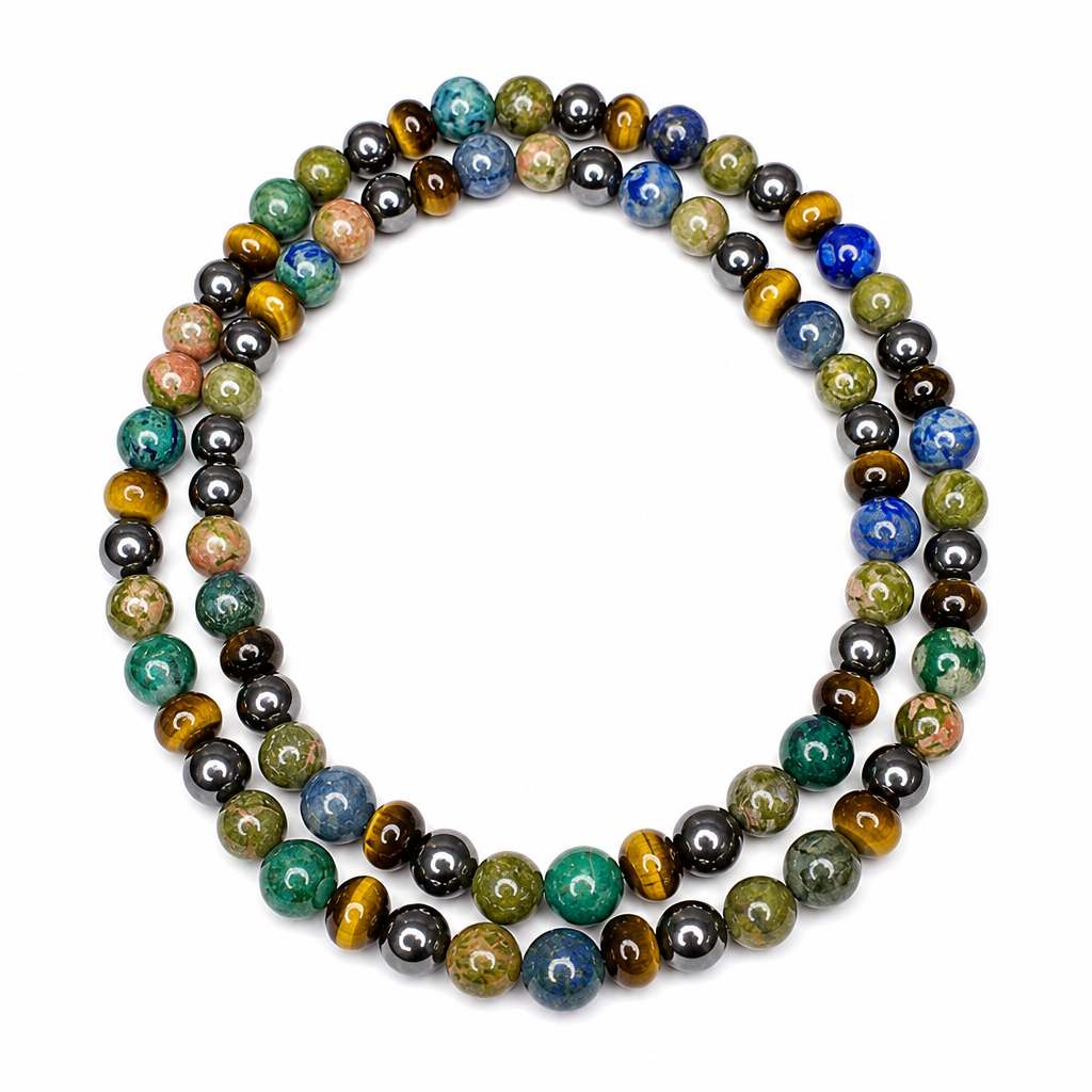 Tiger’s Eye, Azurite, Hematite, Unakite Stretch Necklace • Confidence & Intuition Crystal Jewelry