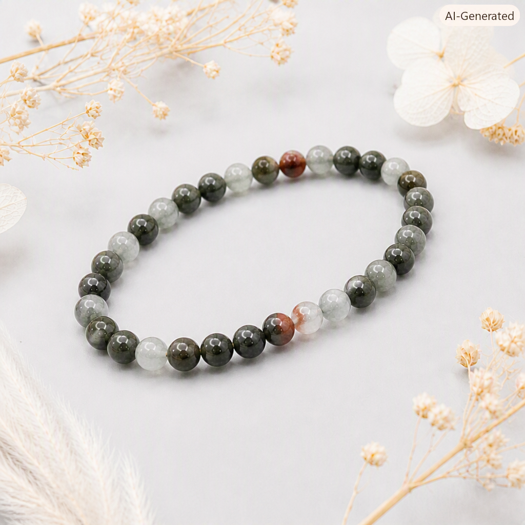 African Bloodstone Beaded Stretch Gemstone Bracelet - Grounding, Protection, Positive Energy