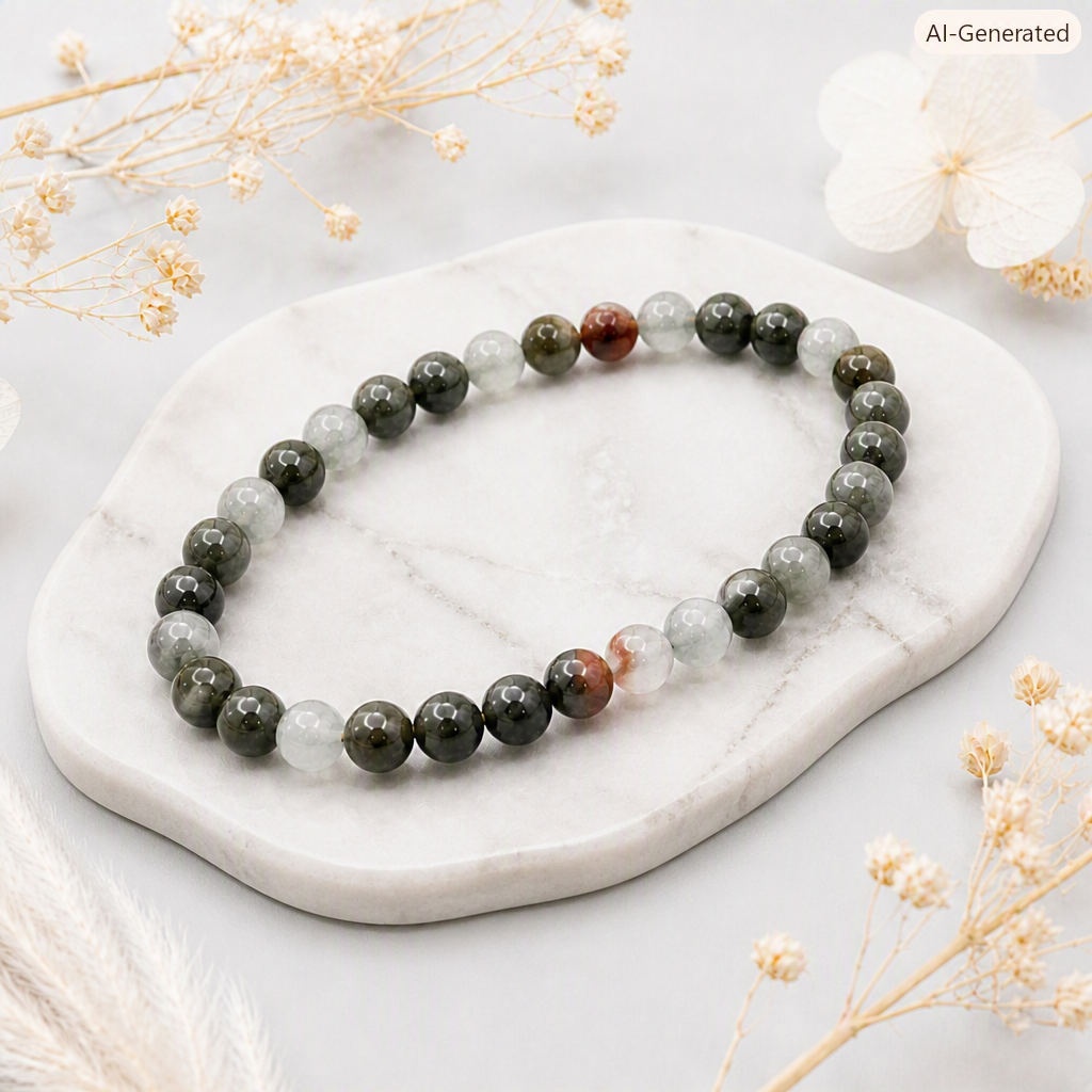 African Bloodstone Beaded Stretch Gemstone Bracelet - Grounding, Protection, Positive Energy