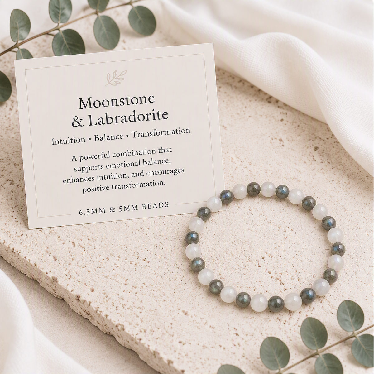 Moonstone, Labradorite Beaded Stretch Bracelet, 6mm Natural Gemstone Beads, Intuition Crystal, Protection Jewelry, Spiritual Stretch Bracelet