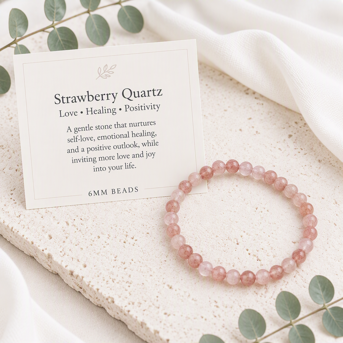 Strawberry Quartz Beaded Stretch Bracelet – 6mm, Natural Gemstone Beads, Pink Crystal Stretch Bracelet, Love Stone, Spiritual Jewelry, Gift for Her