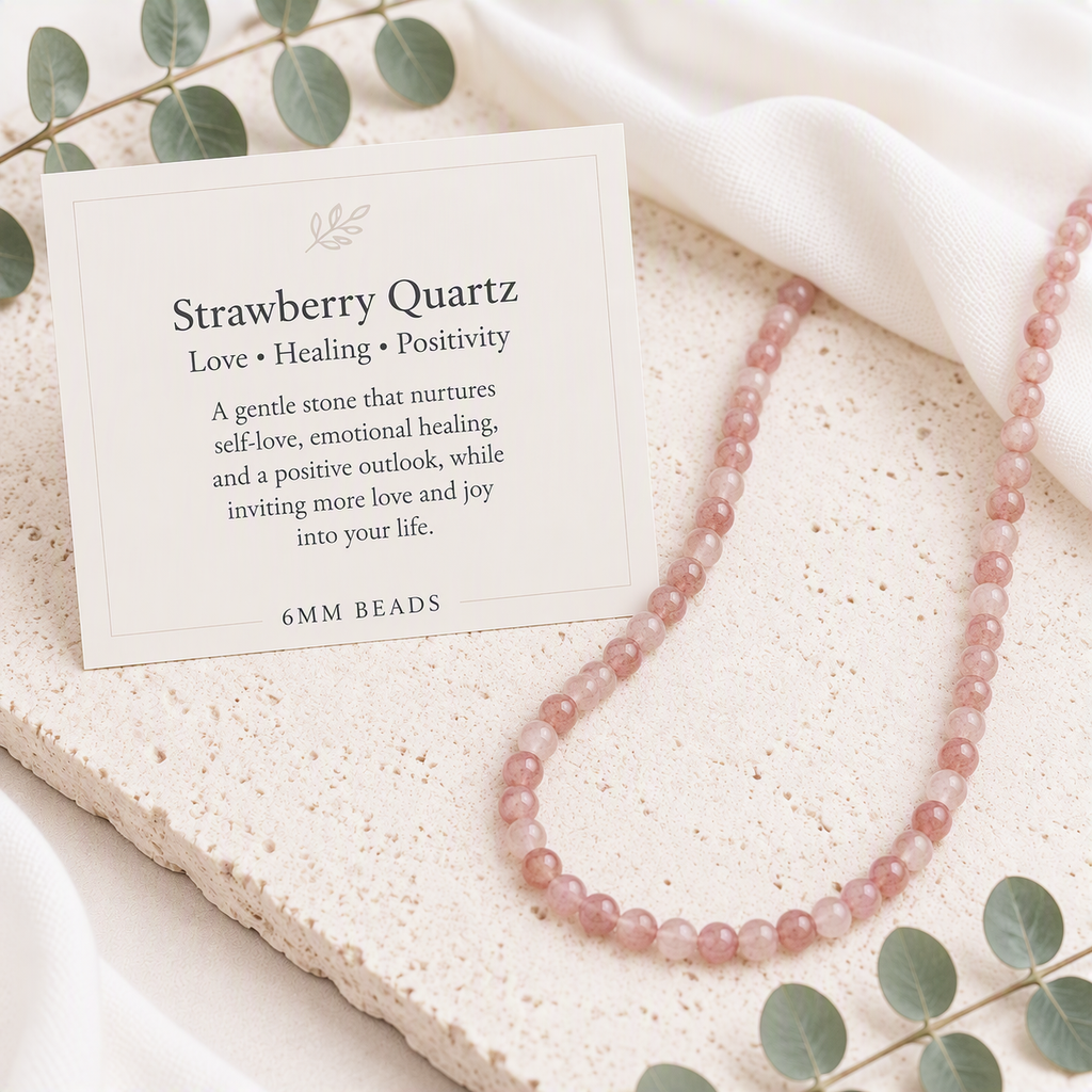 Strawberry Quartz Beaded Stretch Necklace, 6mm Natural Gemstone Beads, Pink Crystal Stretch Necklace, Love Stone, Spiritual Jewelry Gift