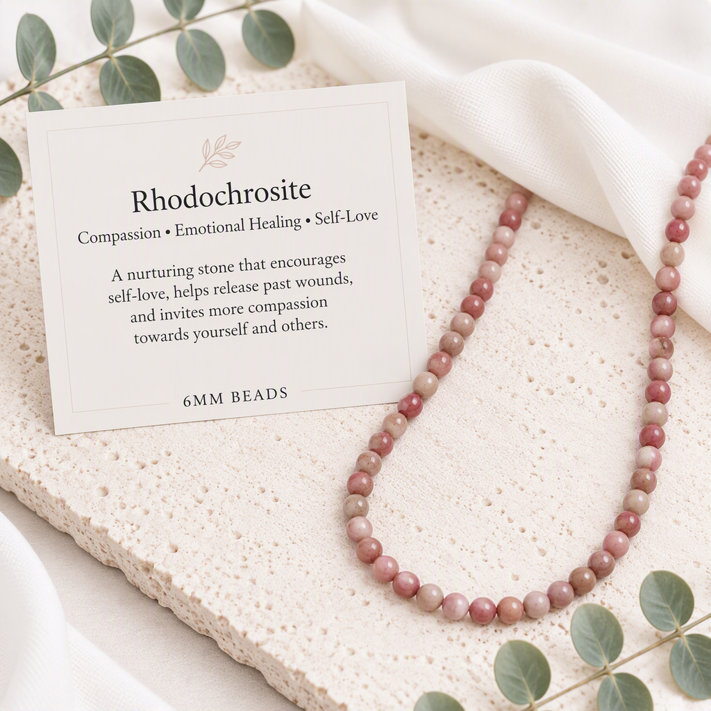 Rhodochrosite Beaded Stretch Necklace 6mm, Natural Pink, Love Crystal, Heart Chakra Jewelry