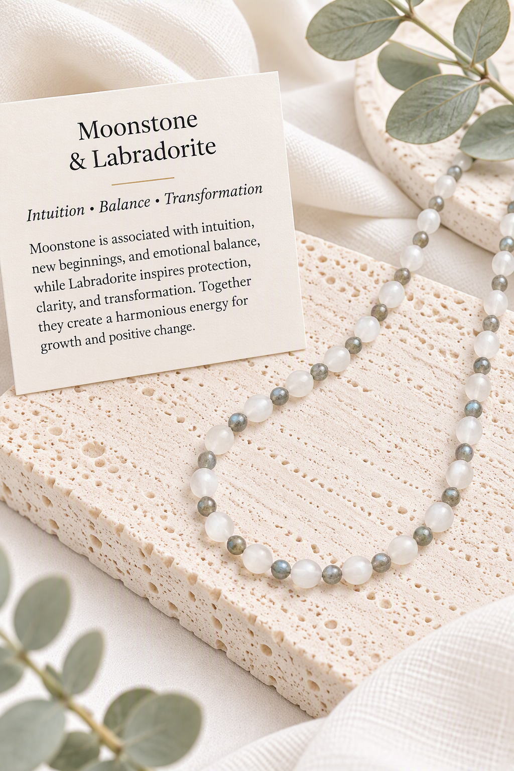 Moonstone Labradorite Beaded Stretch Necklace, 6mm Natural Gemstone Beads, Intuition Crystal, Protection Jewelry, Spiritual Stretch Necklace
