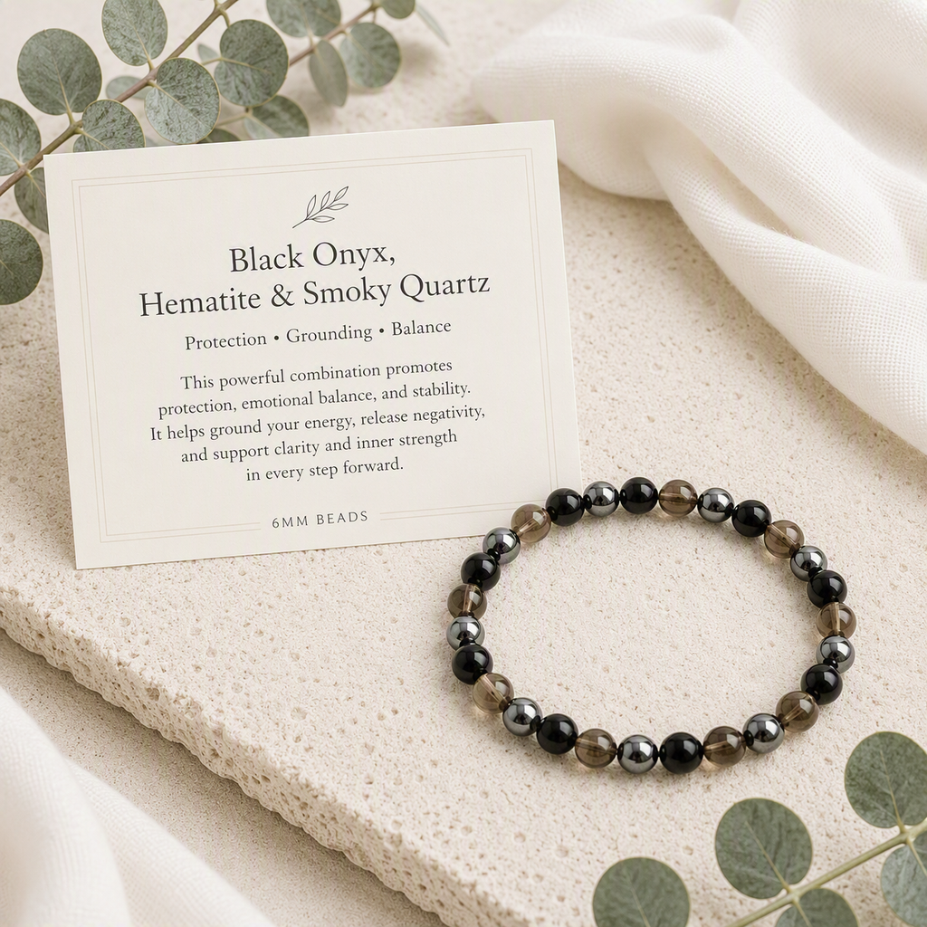 Black Onyx (Matte), Hematite, Smoky Quartz Stretch Bracelet • Grounding, Strength, Protection