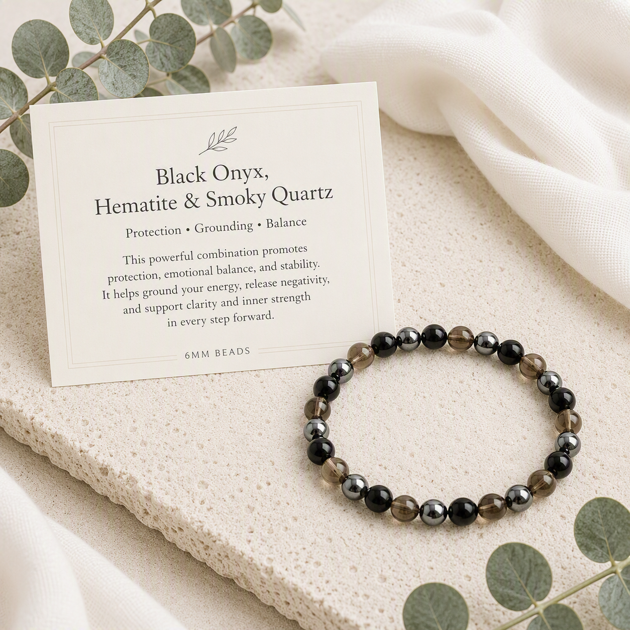 Black Onyx (Matte), Hematite, Smoky Quartz Stretch Bracelet • Grounding, Strength, Protection