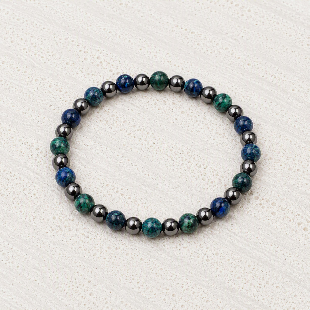 Azurite, Hematite 6mm Beaded Stretch Bracelet • Clarity, Insight, Grounded Strength