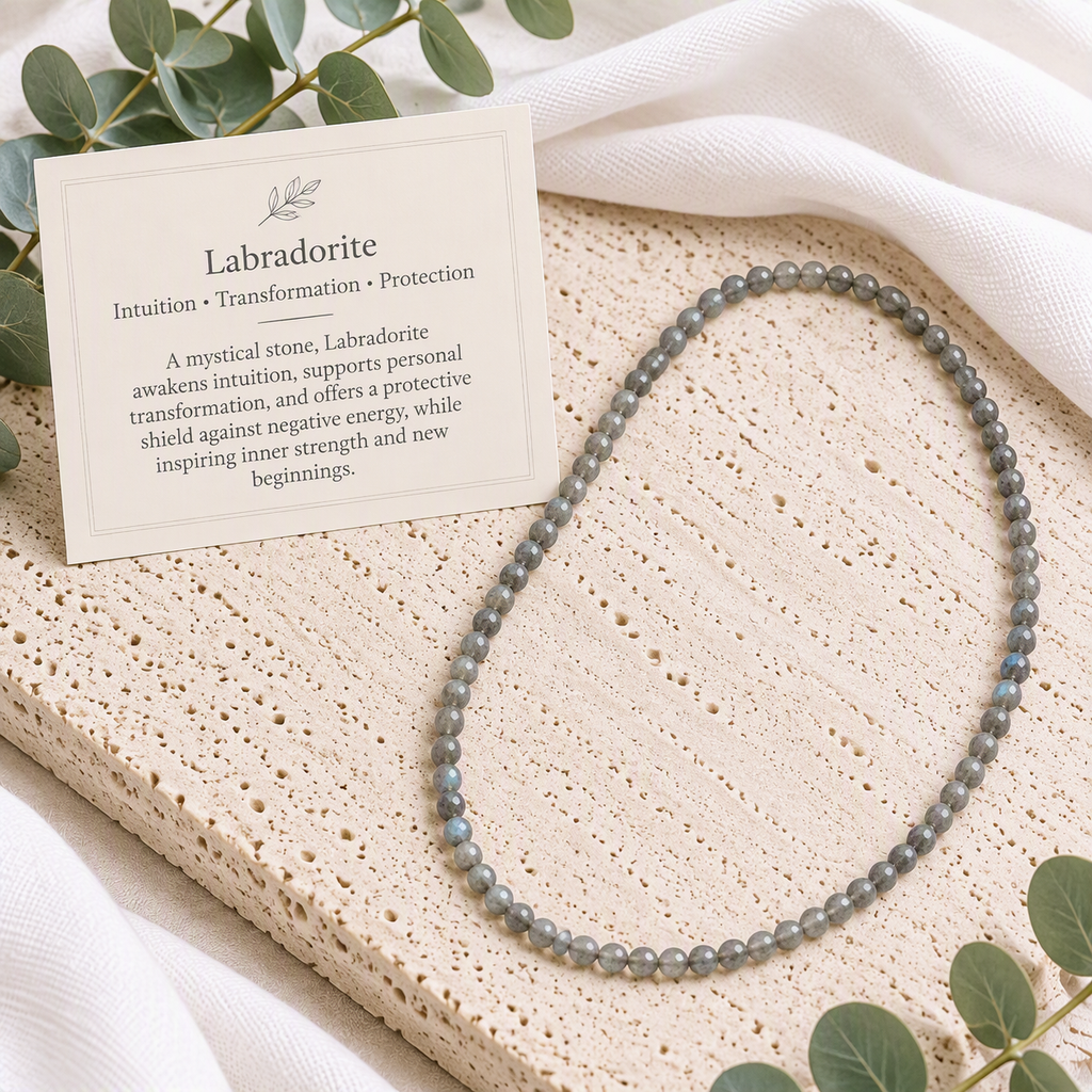 Labradorite Beaded Stretch Necklace 6mm, Blue Flash Crystal, Beaded Stretch Necklace, Spiritual Protection Jewelry