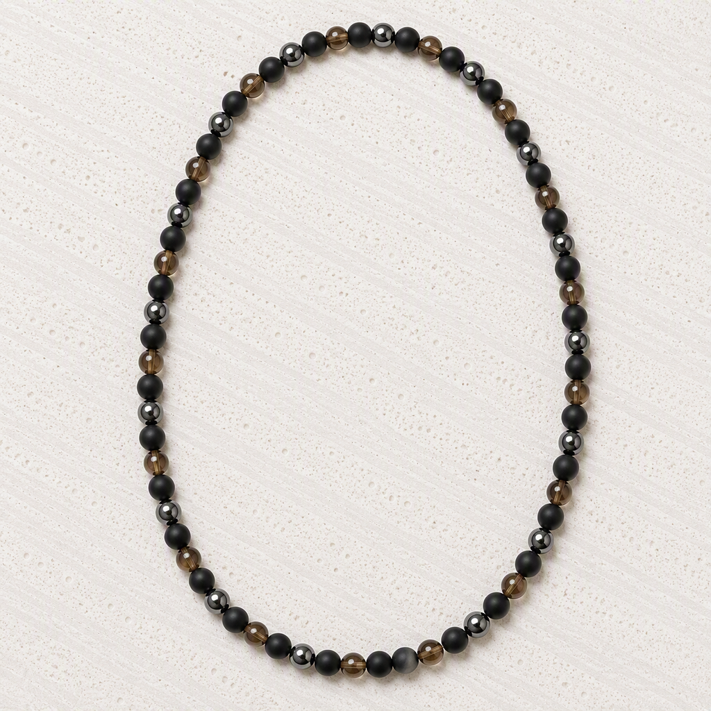 Black Onyx Matte, Hematite, Smoky Quartz Stretch Necklace • 6mm Natural Gemstones • Strength, Grounding, Protection