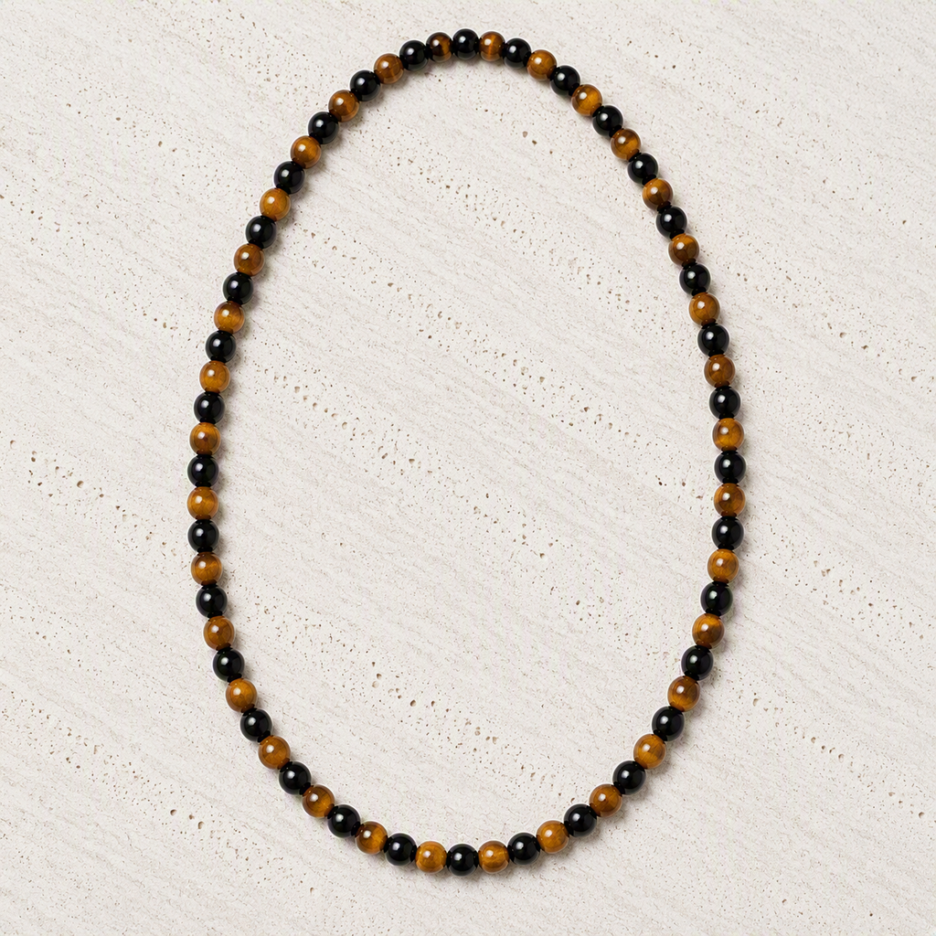 Black Onyx, Tiger's Eye 6mm Beaded Stretch Necklace • Confidence, Strength, Focus