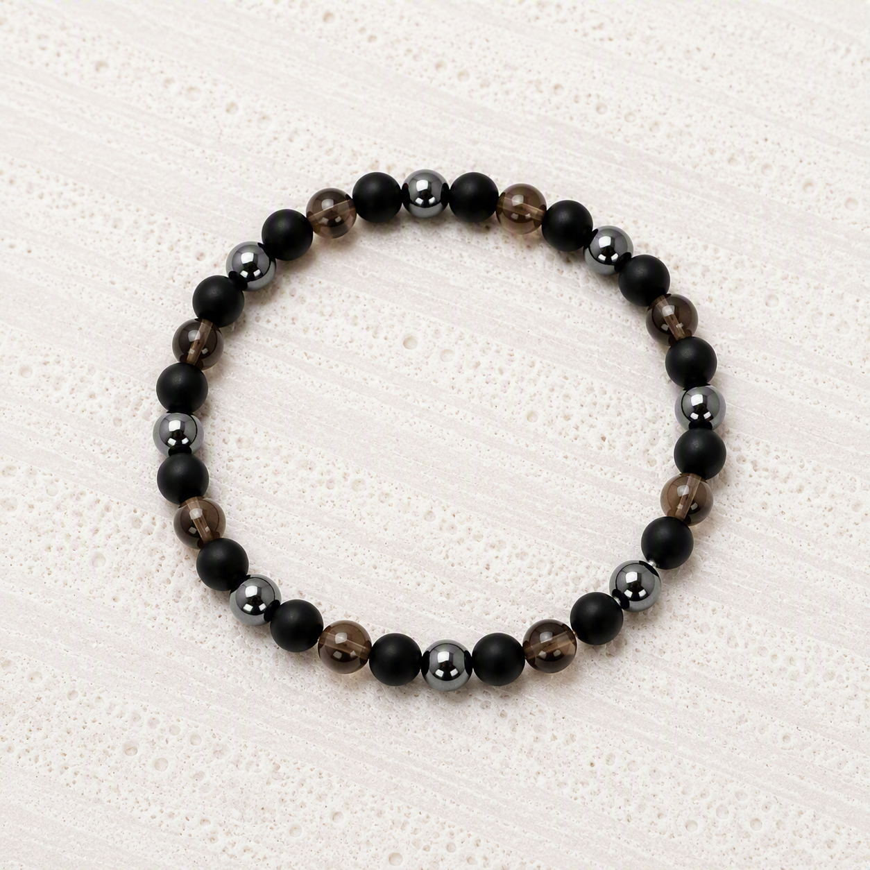 Black Onyx Matte, Hematite, Smoky Quartz Beaded Stretch Bracelet • Grounding • Strength • Protection