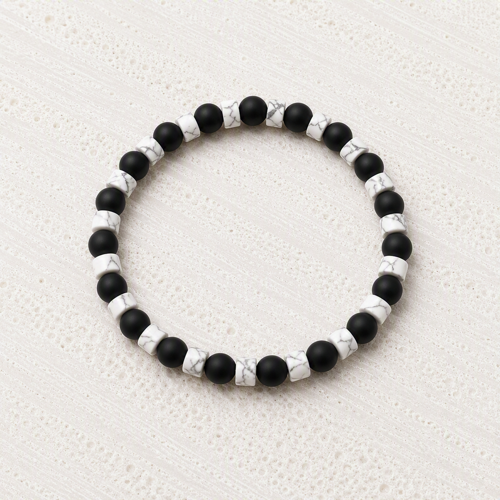 Black Onyx Matte, White Howlite Heishi Bracelet 6mm • Balance, Strength, Calm