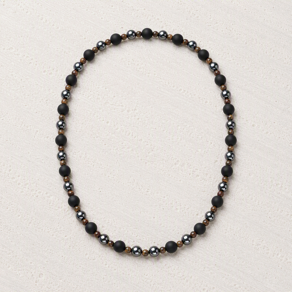 Black Onyx 6mm, Bronzite 4mm, Hematite 6mm Stretch Necklace • Strength, Confidence Grounding