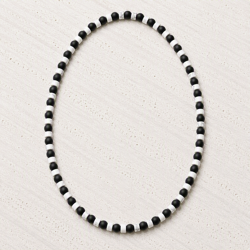 Black Onyx Matte, White Howlite Heishi 6mm Beaded Stretch Necklace • Strength, Balance, Modern Style