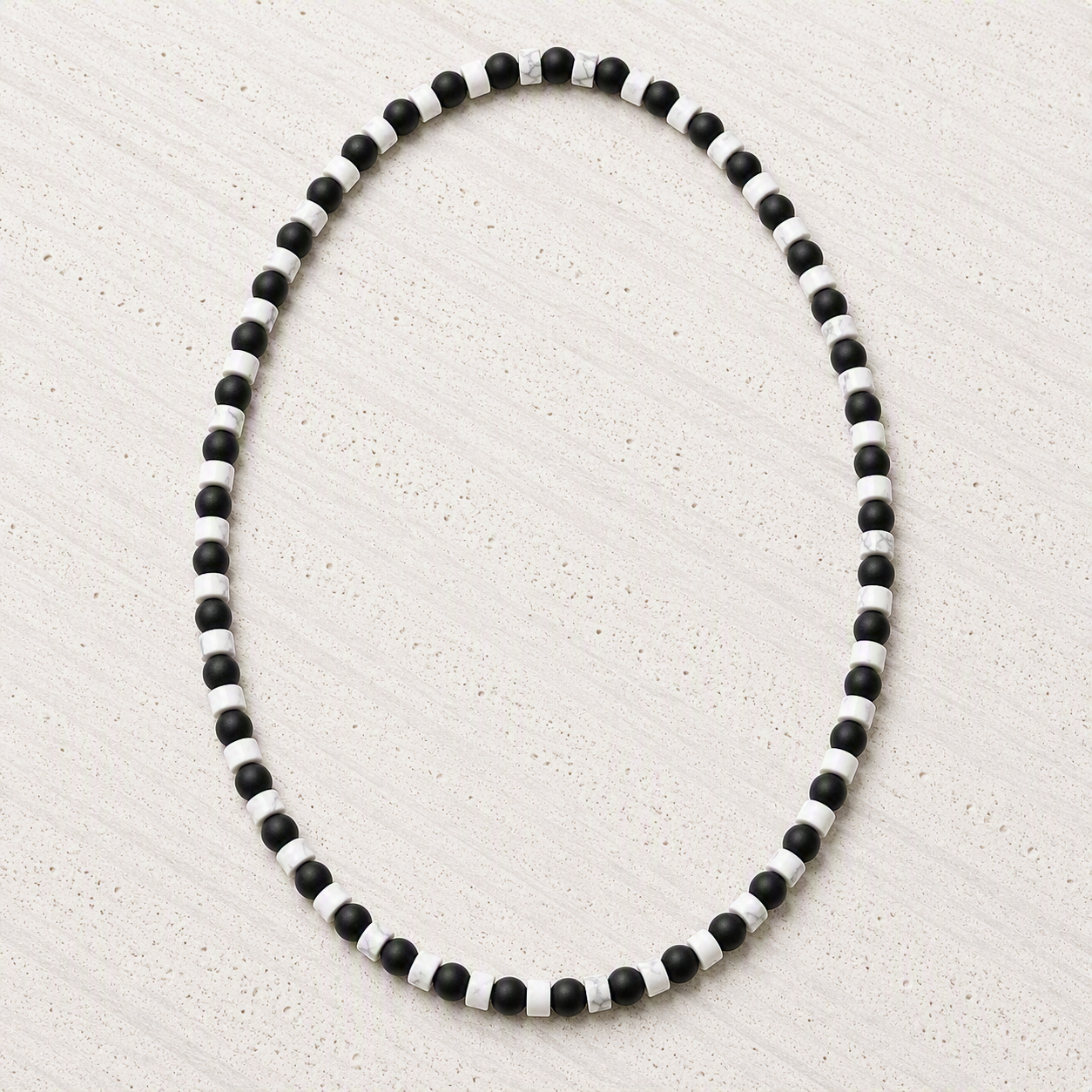 Black Onyx Matte, White Howlite Heishi 6mm Beaded Stretch Necklace • Strength, Balance, Modern Style