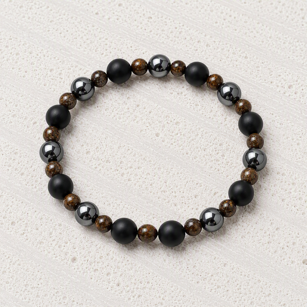 Black Onyx 6mm, Bronzite 4mm, Hematite 6mm Stretch Bracelet - Strength, Confidence, Grounding