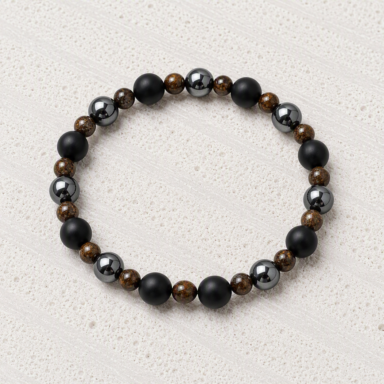 Black Onyx 6mm, Bronzite 4mm, Hematite 6mm Stretch Bracelet - Strength, Confidence, Grounding