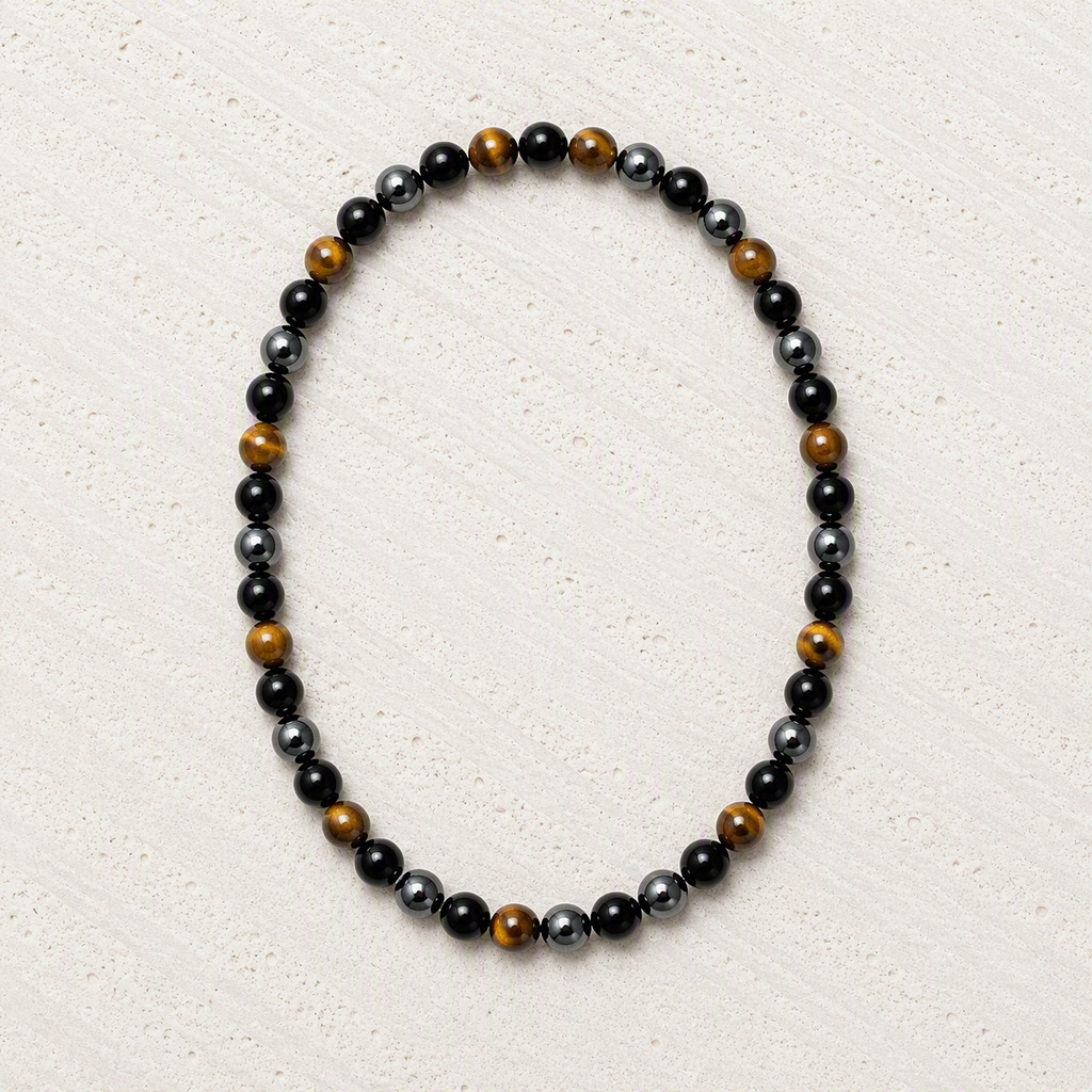 Black Onyx, Tiger's Eye, Hematite 6mm Beaded Stretch Necklace • Strength, Confidence, Focus