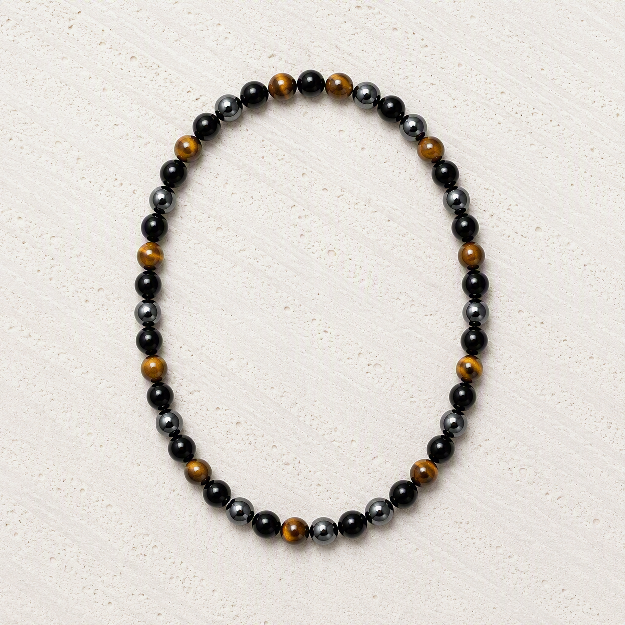 Black Onyx, Tiger's Eye, Hematite 6mm Beaded Stretch Necklace • Strength, Confidence, Focus