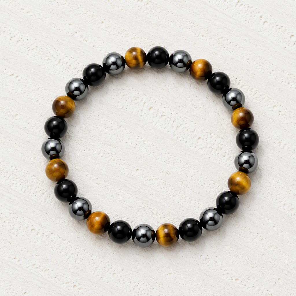Black Onyx, Tiger's Eye, Hematite 6mm Beaded Stretch Bracelet • Strength, Confidence, Focus