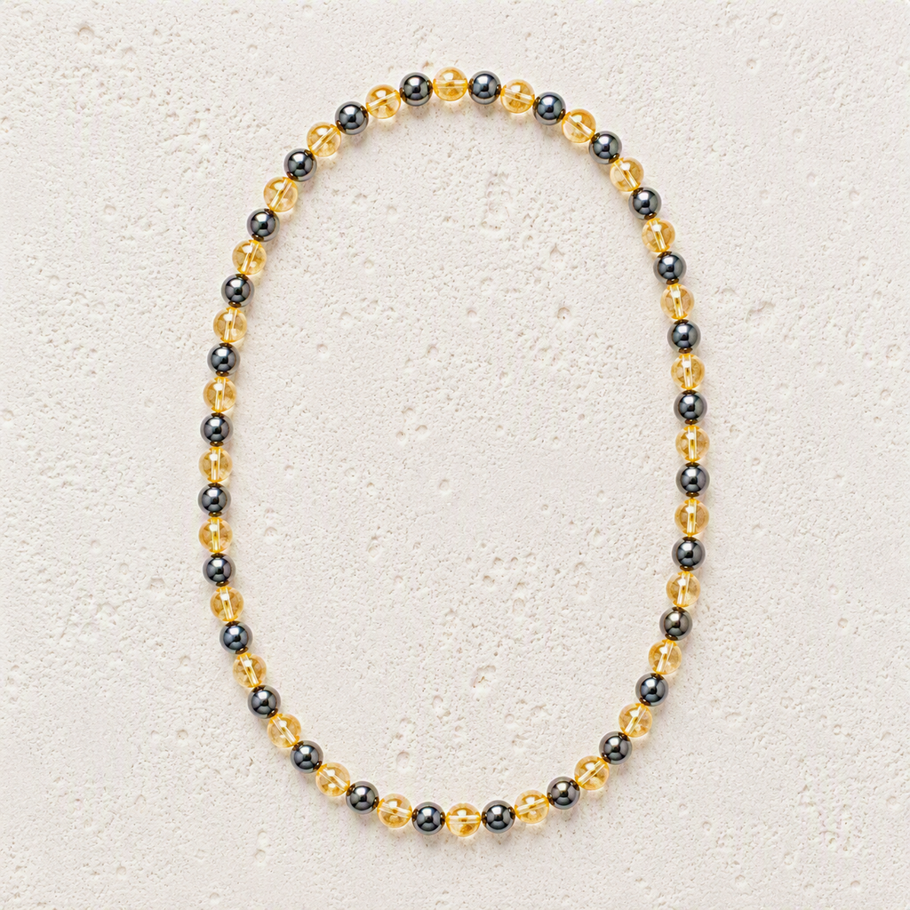 Citrine, Hematite Beaded Stretch Necklace 6mm - Abundance, Confidence, Grounding