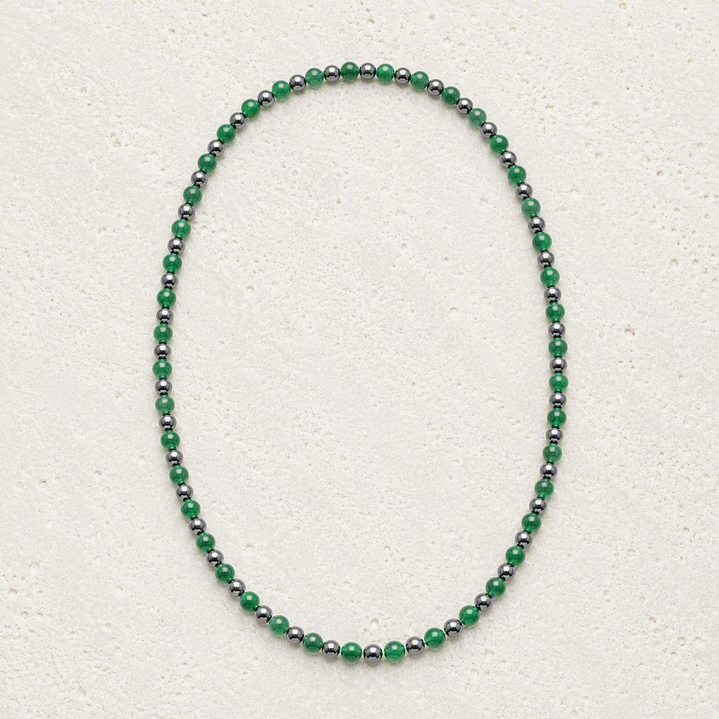 Emerald Green Quartz, Hematite Beaded Stretch Necklace 6mm - Growth, Balance, Inner Strength