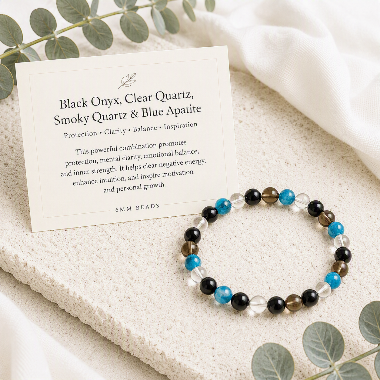 Black Onyx, Smoky Quartz, Blue Apatite, Clear Quartz Stretch Bracelet 6mm - Focus, Balance, Inspiration