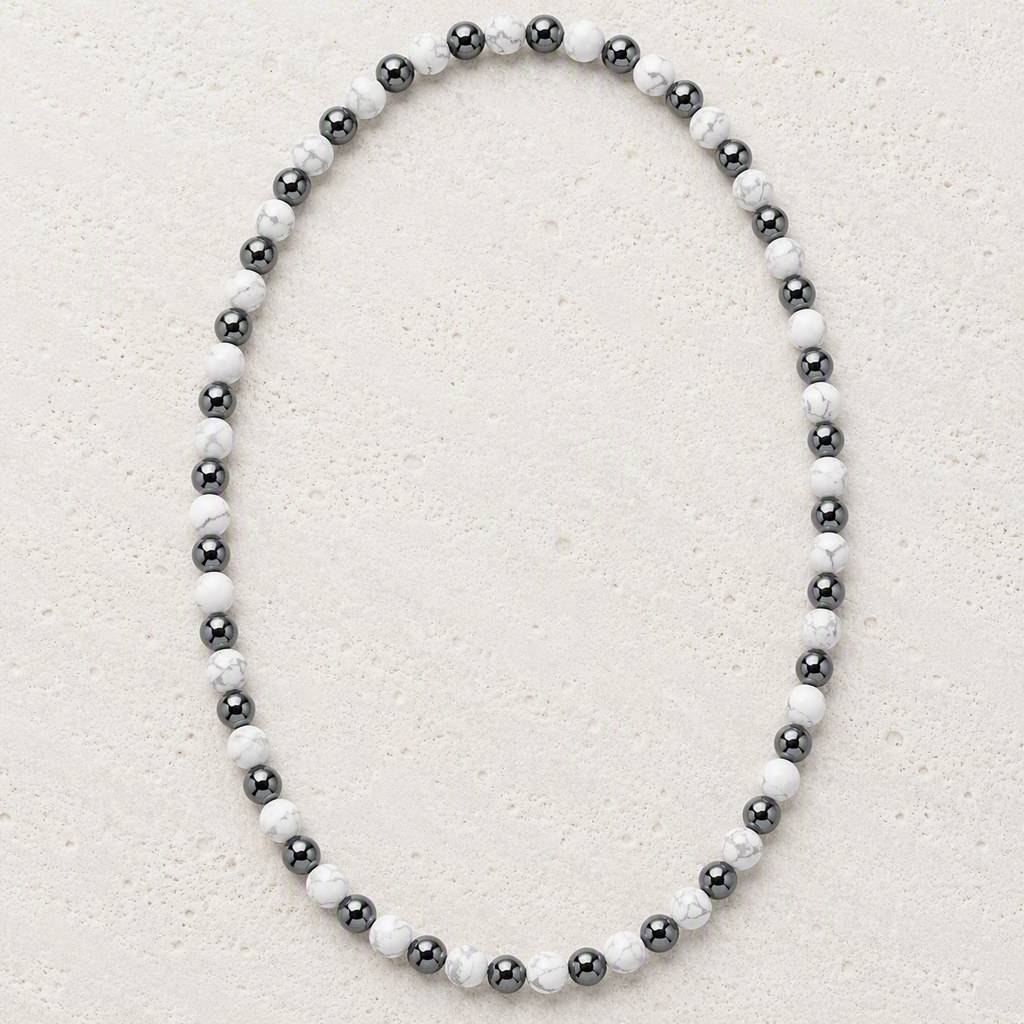 White Howlite Matte, Hematite 6mm Stretch Necklace • Calm, Balance, Grounded Strength