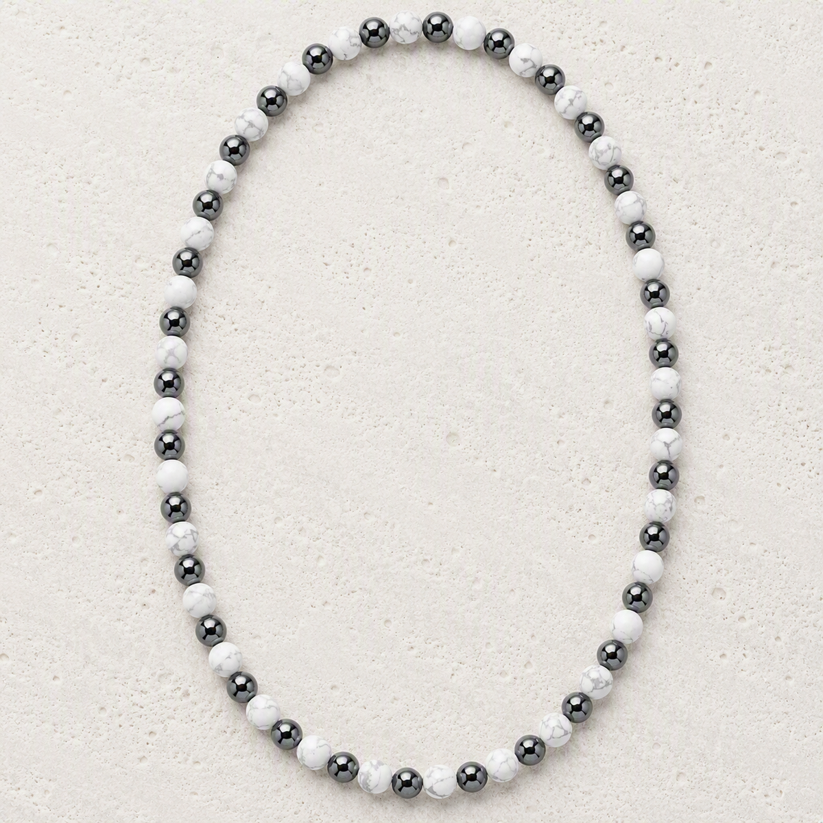 White Howlite Matte, Hematite 6mm Stretch Necklace • Calm, Balance, Grounded Strength