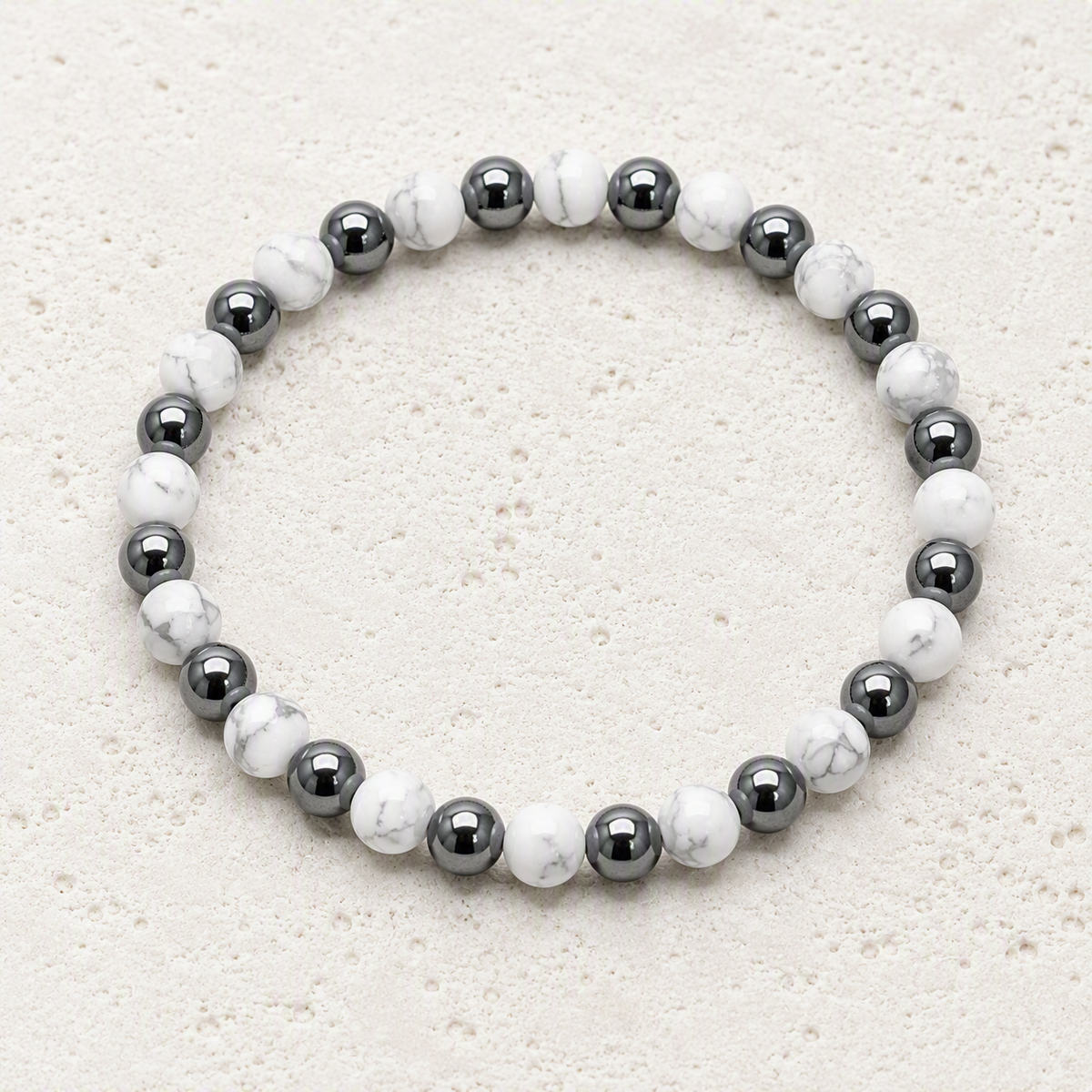 White Howlite Matte, Hematite 6mm Stretch Bracelet • Calm, Balance, Grounded Strength