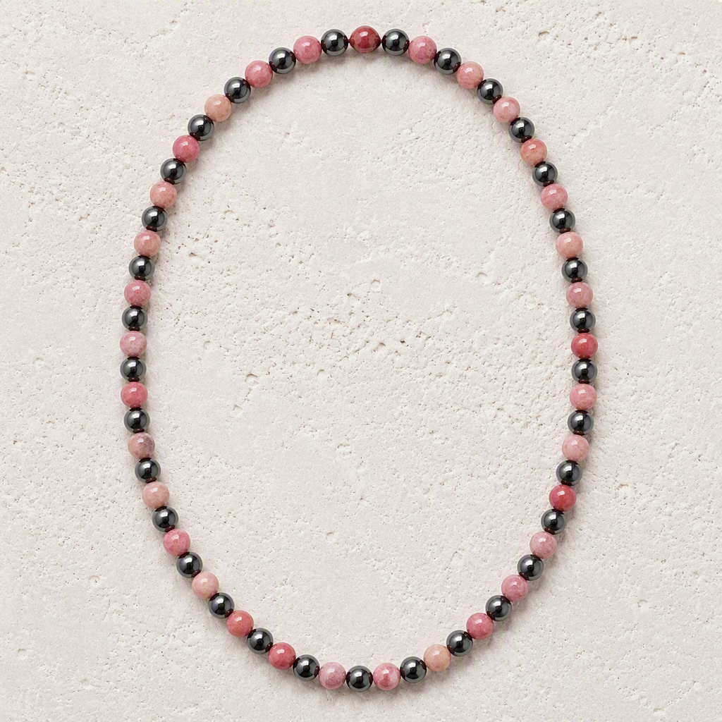 Rhodochrosite, Hematite 6mm Beaded Stretch Necklace • Love, Balance, Inner Strength