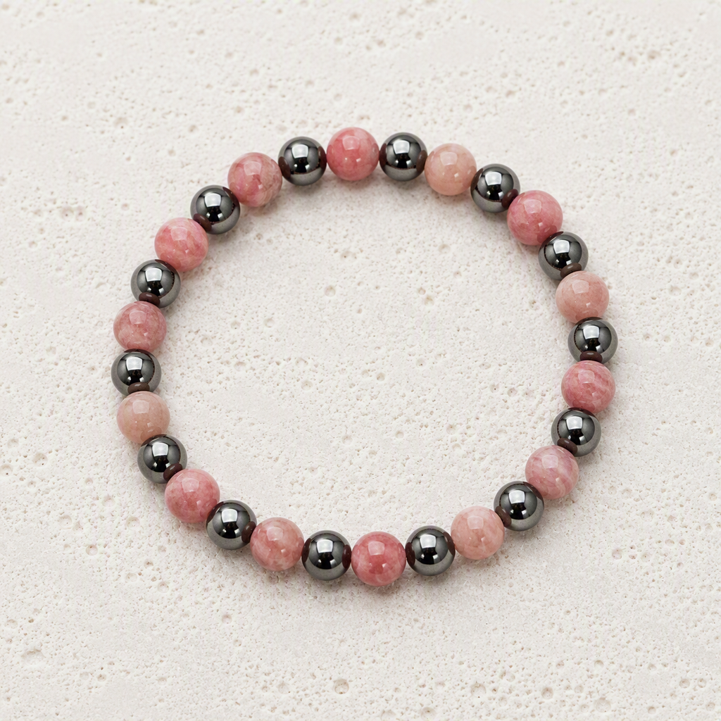 Rhodochrosite, Hematite 6mm Beaded Stretch Bracelet • Love, Balance, Inner Strength