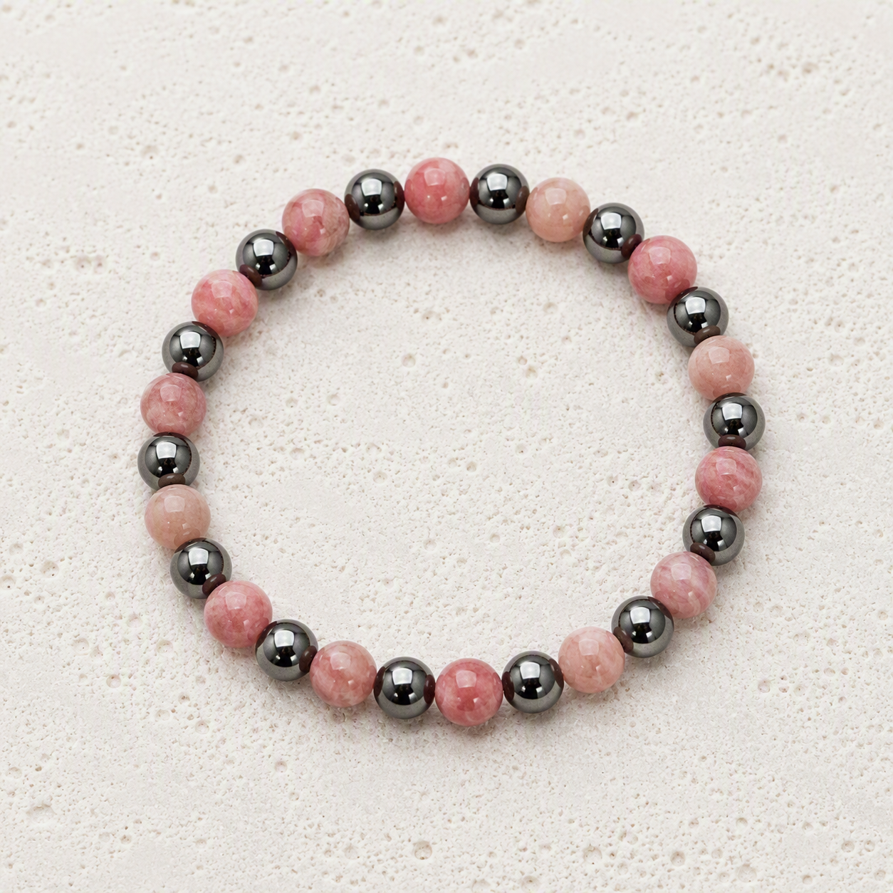 Rhodochrosite, Hematite 6mm Beaded Stretch Bracelet • Love, Balance, Inner Strength