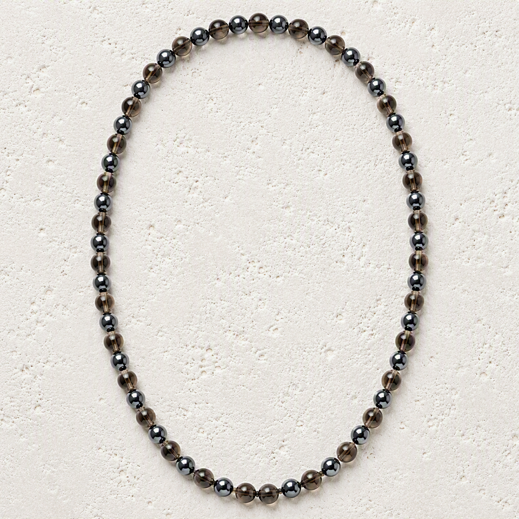 Smoky Quartz, Hematite 6mm Stretch Necklace • Grounding, Balance, Inner Strength