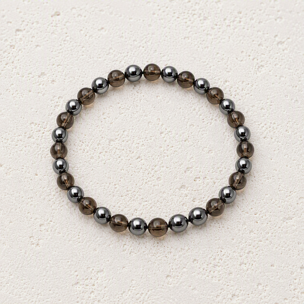 Smoky Quartz, Hematite 6mm Beaded Stretch Bracelet • Grounding, Balance, Inner Strength