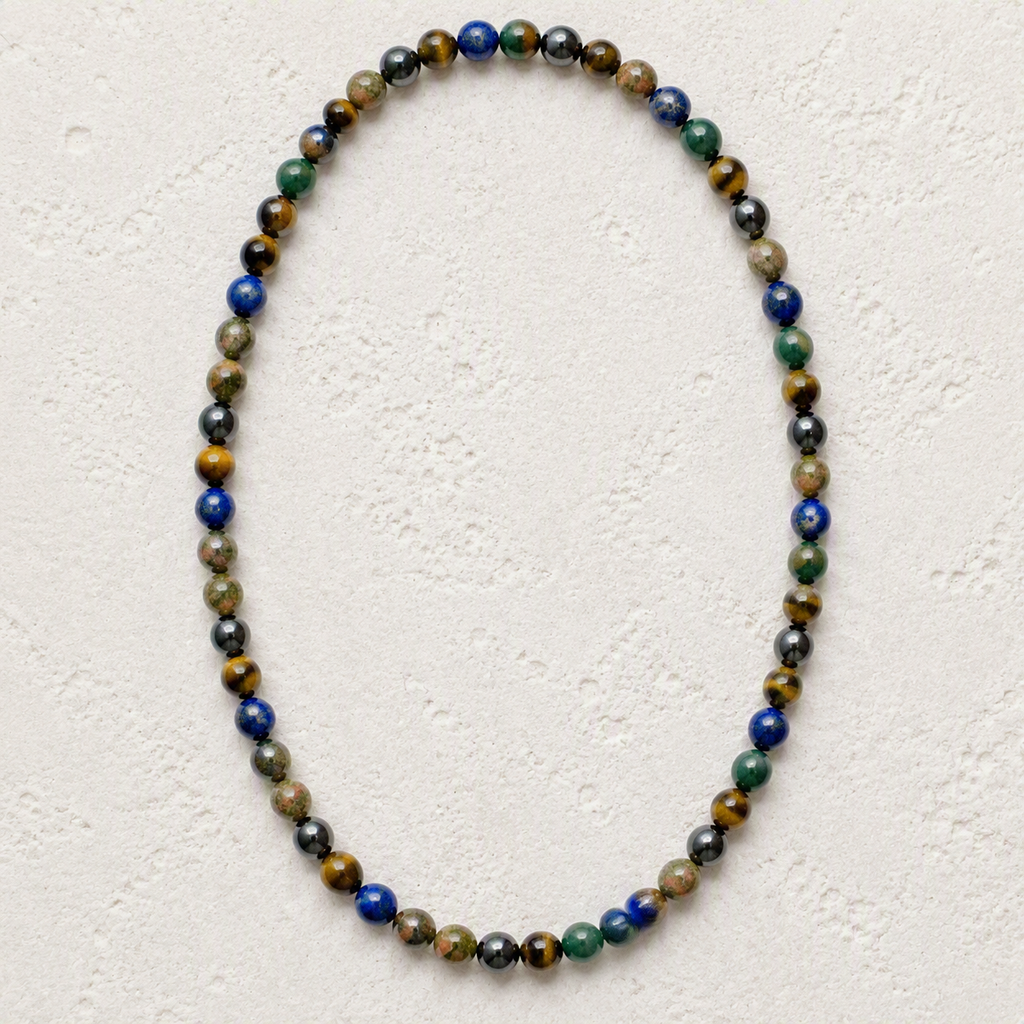 Tiger's Eye, Azurite, Hematite, Unakite 6mm Beaded Stretch Necklace • Confidence, Insight, Balance