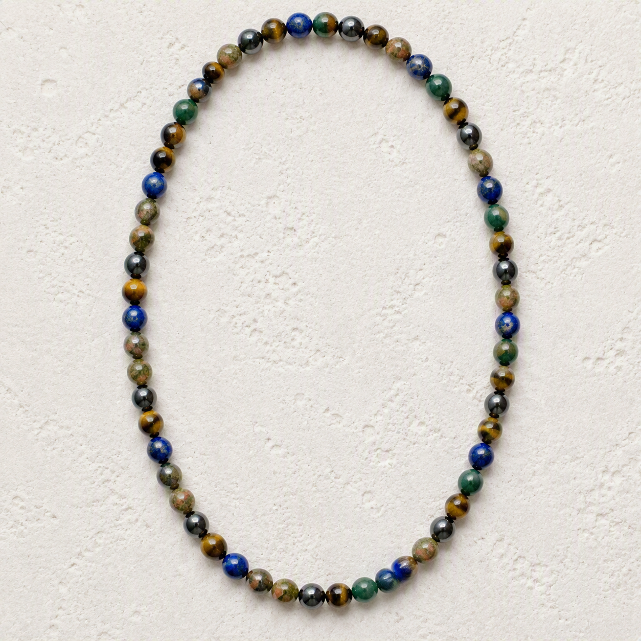 Tiger's Eye, Azurite, Hematite, Unakite 6mm Beaded Stretch Necklace • Confidence, Insight, Balance