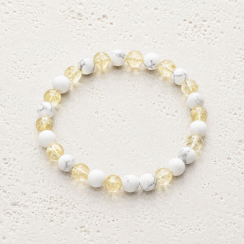 White Howlite Matte Finish, Citrine 6mm Beaded Stretch Bracelet • Calm, Abundance, Positive Energy