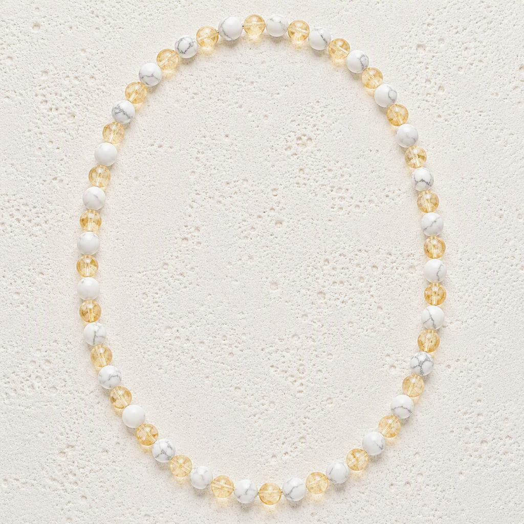 White Howlite Matte Finish, Citrine 6mm Beaded Stretch Necklace • Calm, Abundance, Positive Energy