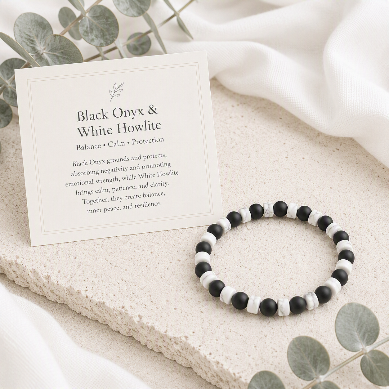 Black Onyx (Matte), White Howlite Heishi Stretch Bracelet 6mm - Balance, Strength, Calm