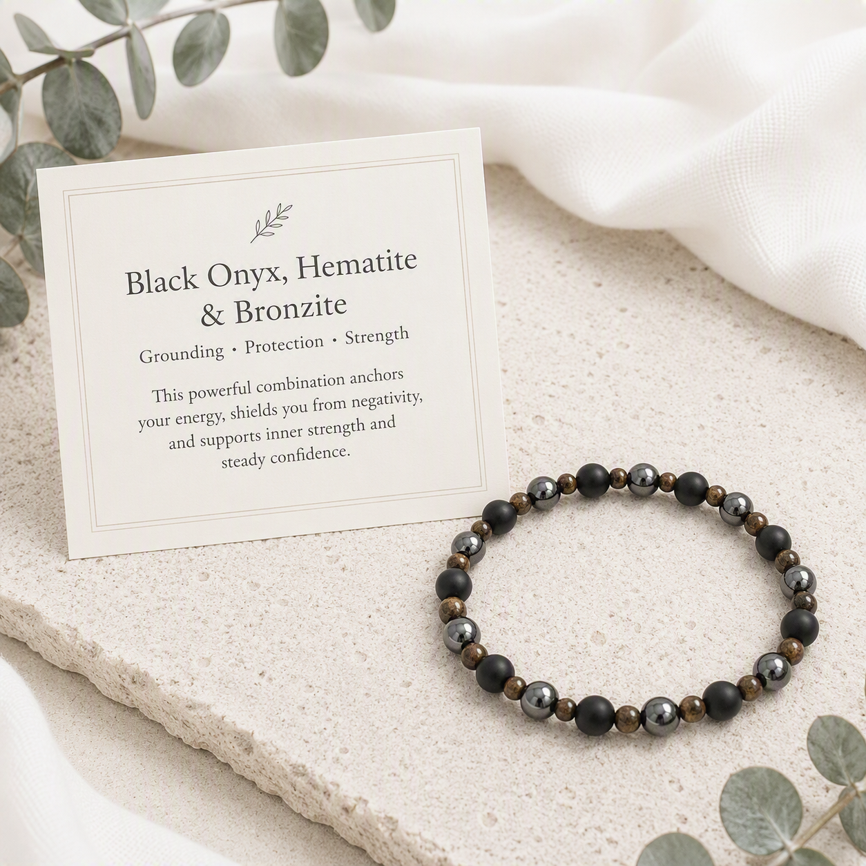 Black Onyx 6mm, Bronzite 4mm, Hematite 6mm Stretch Bracelet - Strength, Confidence, Grounding