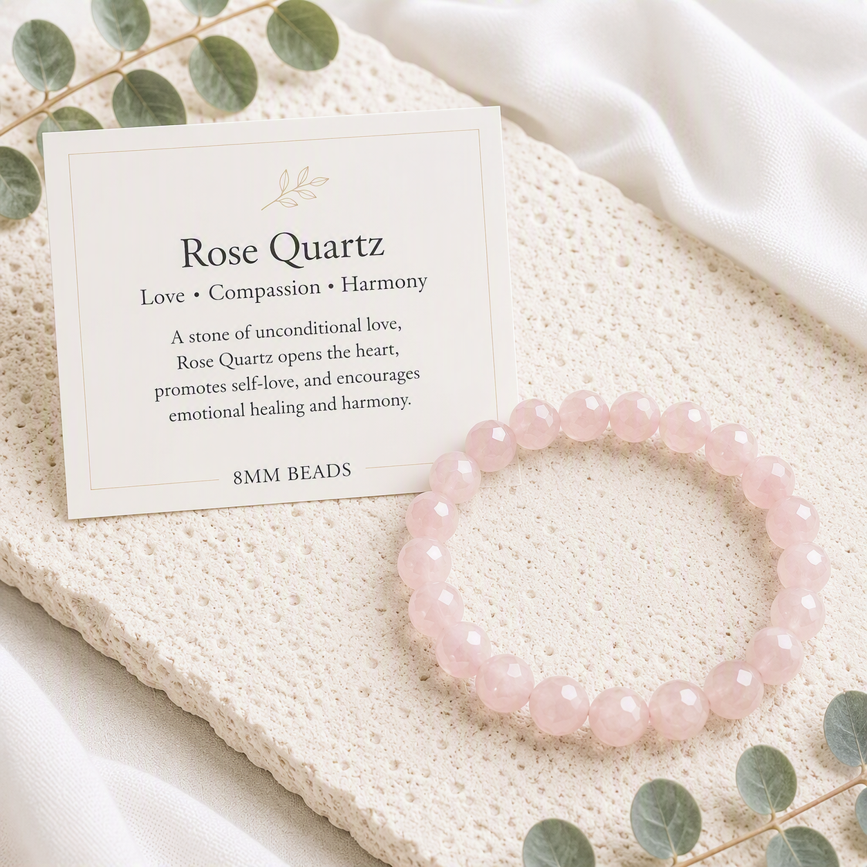 Rose Quartz 8mm Faceted Stretch Beaded Bracelet - Love, Elegance, Inner Harmony, Handmade