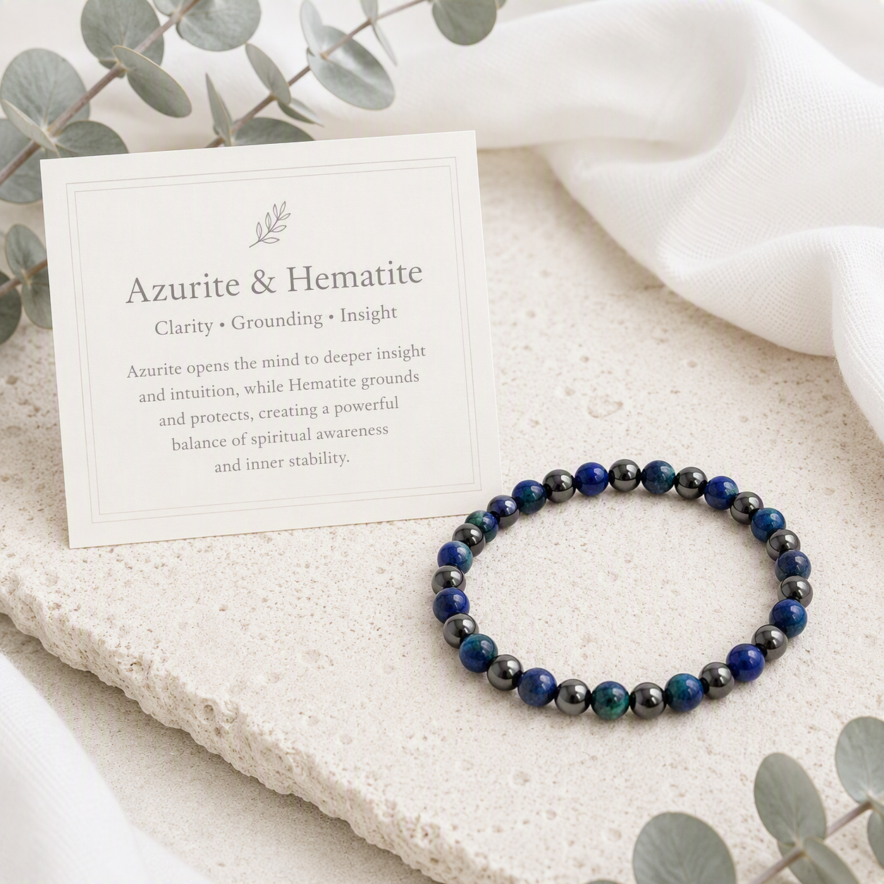 Azurite and Hematite Beaded Stretch Bracelet 6mm - Intuition, Focus, Grounding Crystal Jewelry