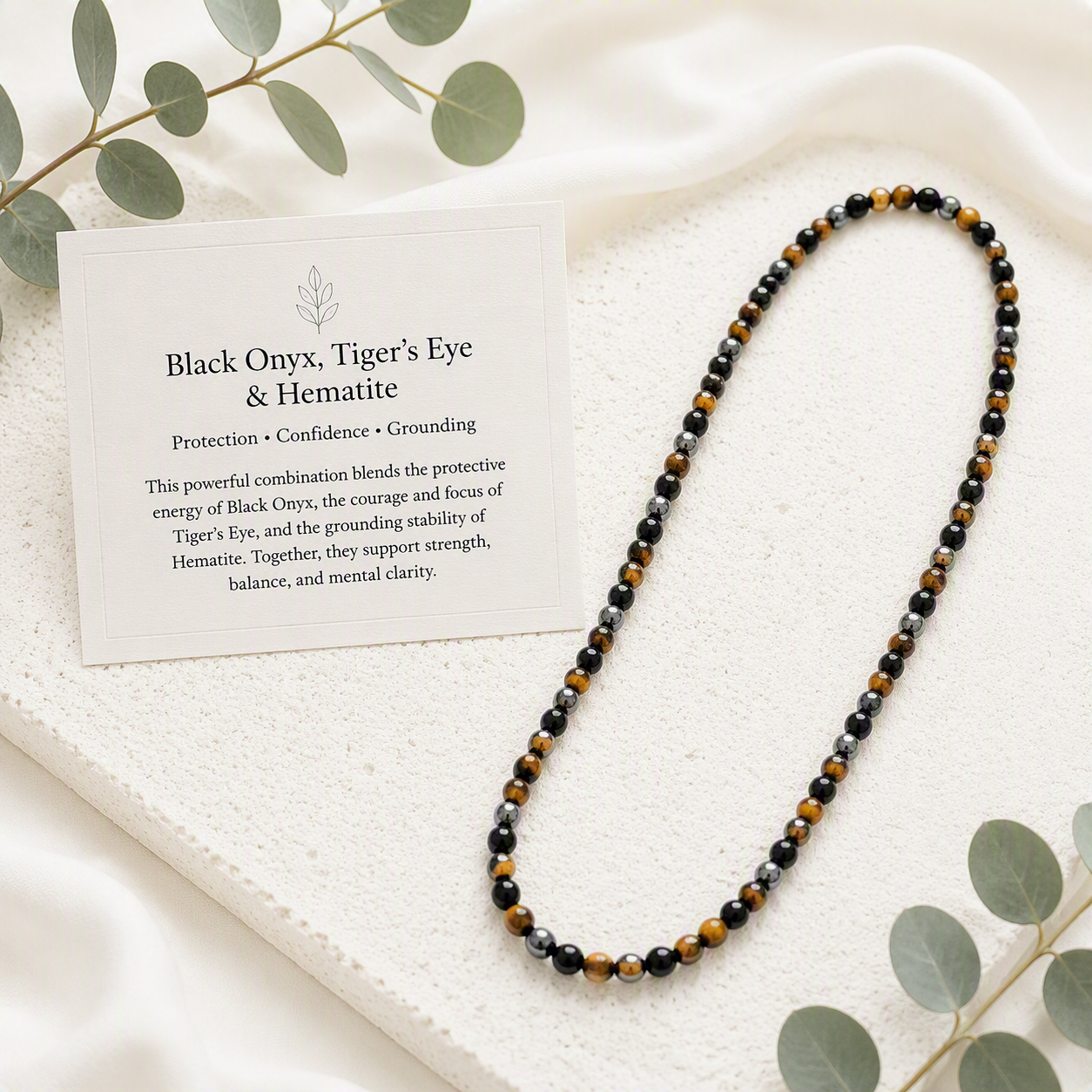 Black Onyx, Tiger's Eye, Hematite 6mm Stretch Beaded Necklace • Strength, Confidence, Focus, Handmade