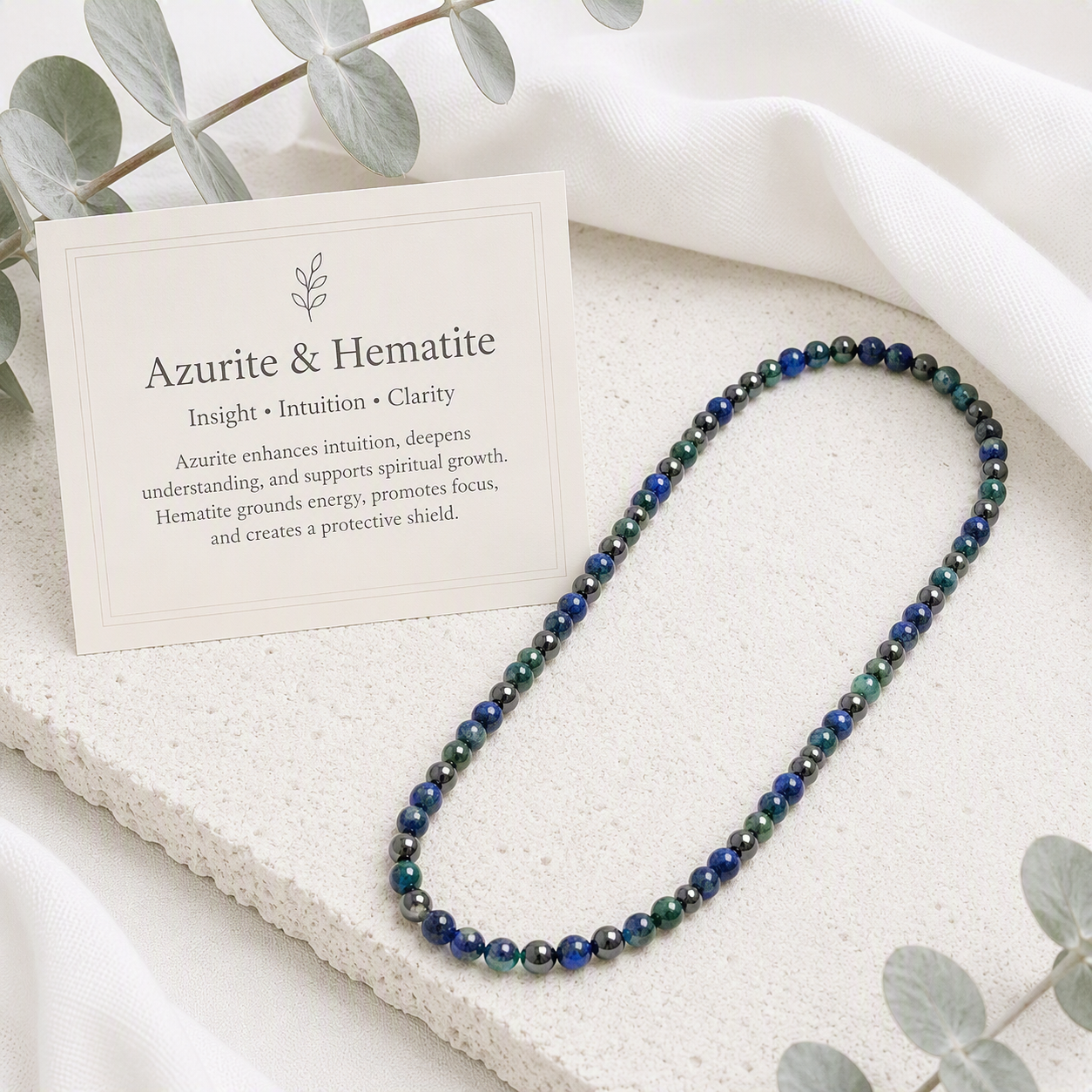 Azurite and Hematite 6mm Stretch Beaded Necklace • Insight, Strength, Balance, Handmade